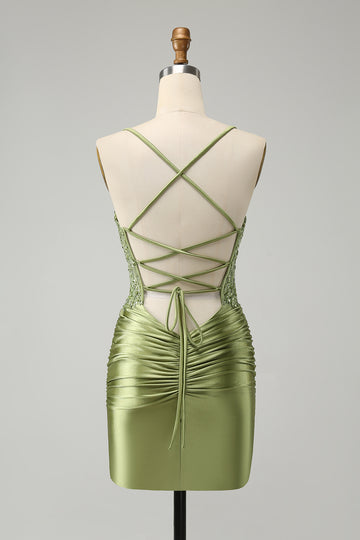 Sparkly Light Green Tight Spaghetti Straps Homecoming Dress with Appliques